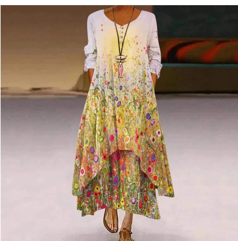 Damen Fließendes Maxikleid mit kunstvollem Blumendruck und asymmetrischem Saum Nord Taschen