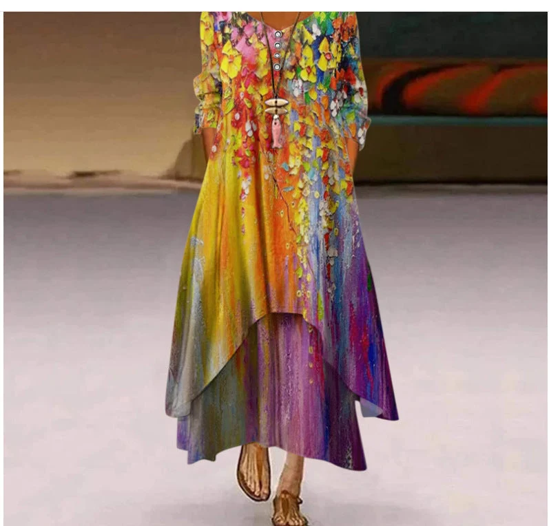 Damen Fließendes Maxikleid mit kunstvollem Blumendruck und asymmetrischem Saum Nord Taschen