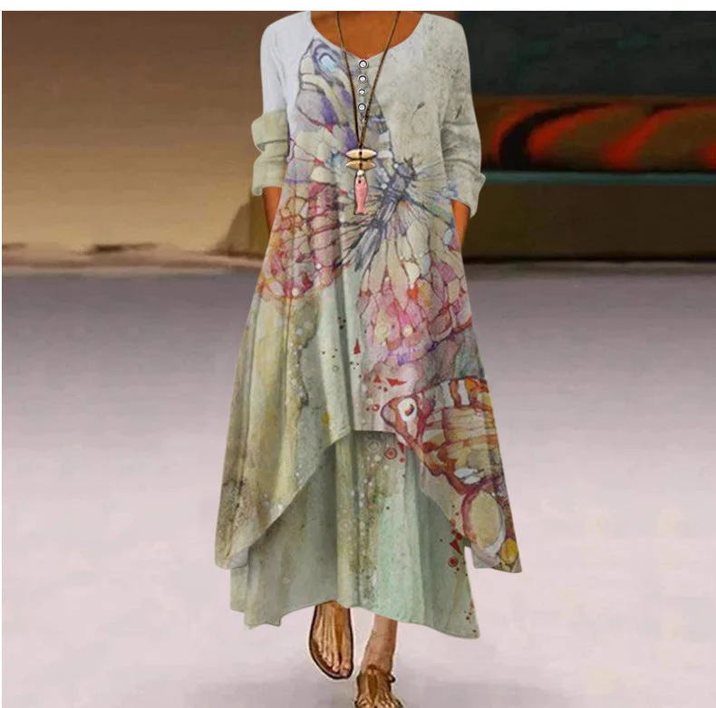 Damen Fließendes Maxikleid mit kunstvollem Blumendruck und asymmetrischem Saum Nord Taschen