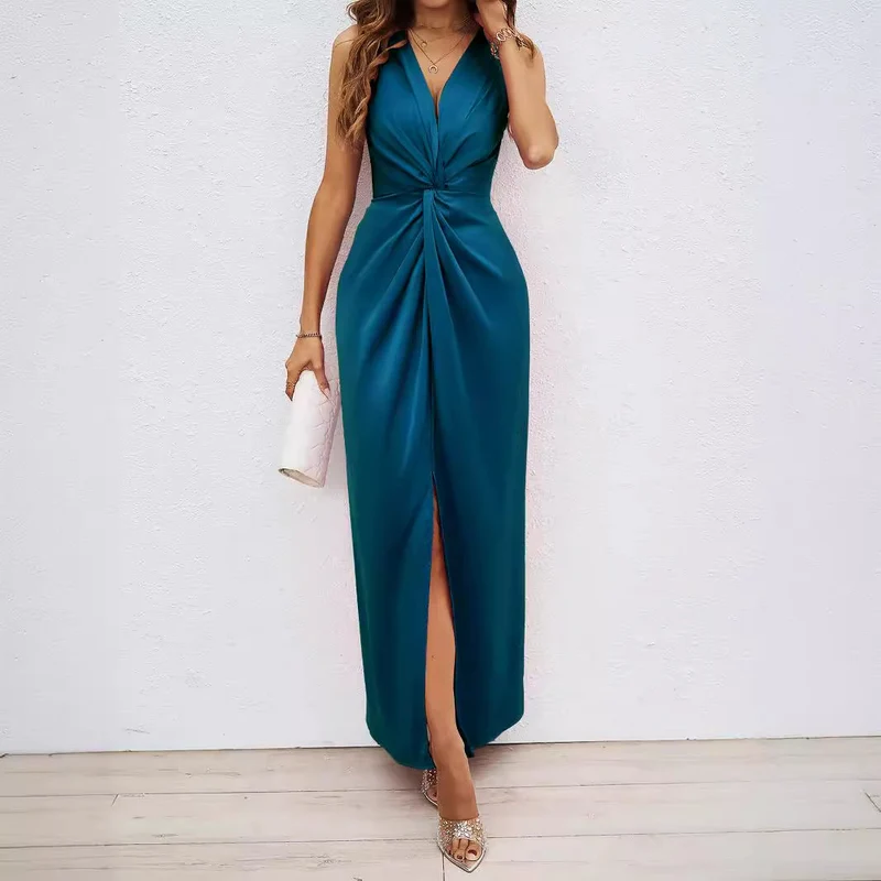 Damen Elegantes Maxikleid mit tiefem V-Ausschnitt und schwingendem Saum