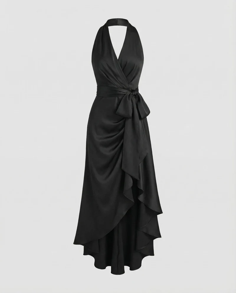 Damen Schimmernde Wickel-Taille Satin-Halter-Maxikleid