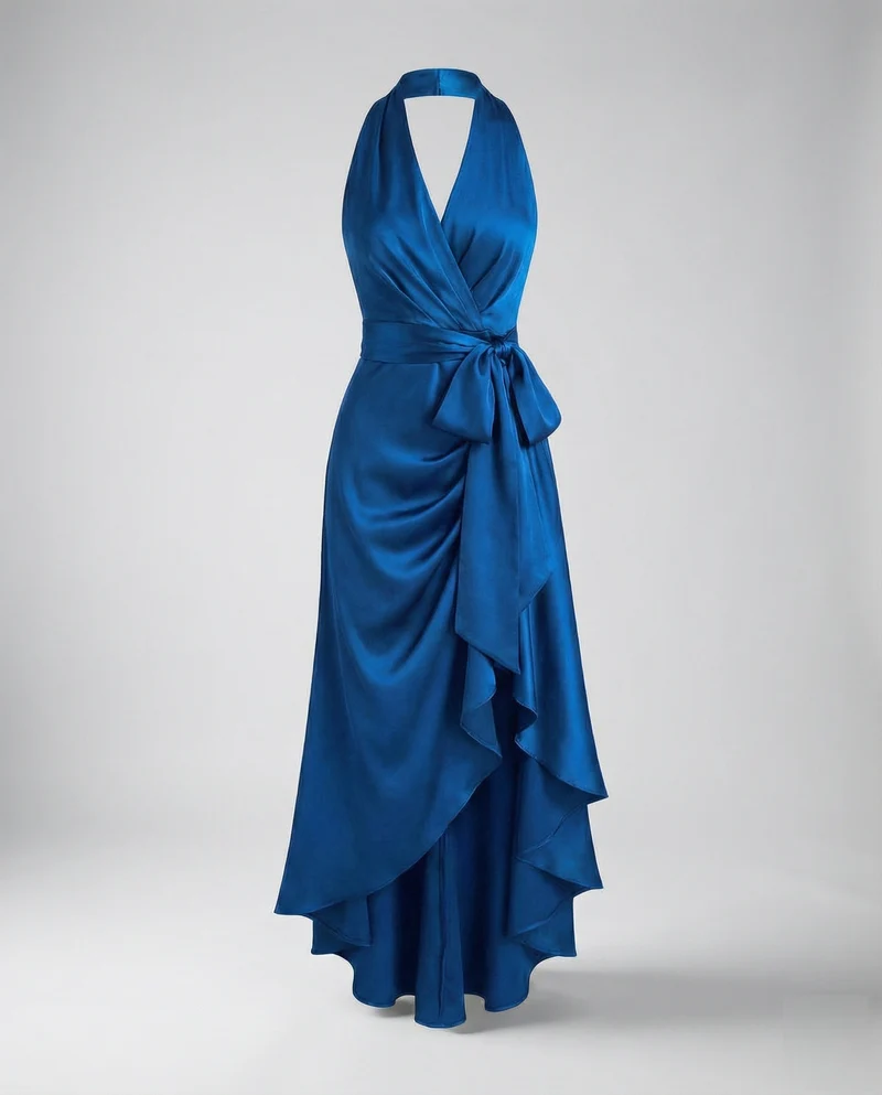 Damen Schimmernde Wickel-Taille Satin-Halter-Maxikleid