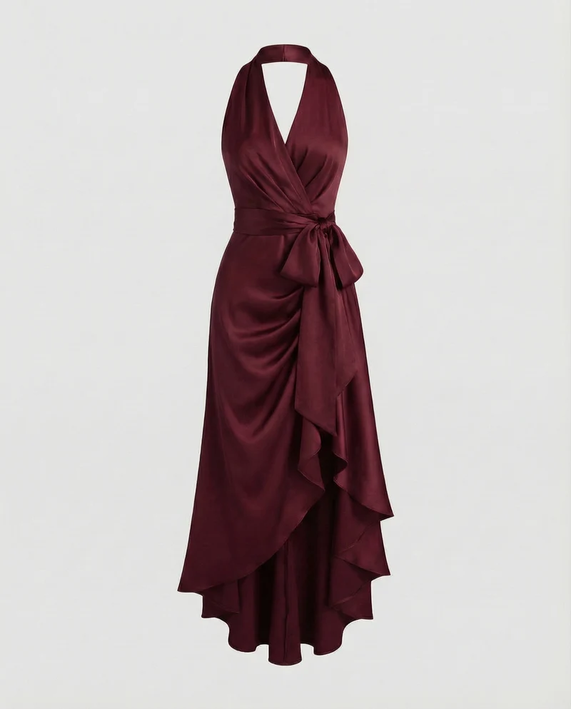 Damen Schimmernde Wickel-Taille Satin-Halter-Maxikleid