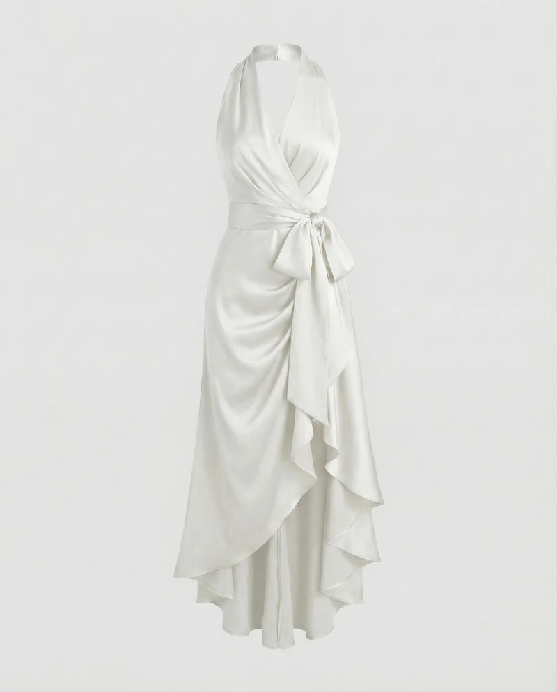 Damen Schimmernde Wickel-Taille Satin-Halter-Maxikleid