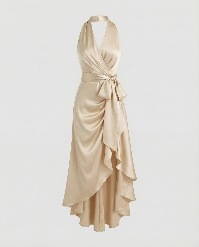 Damen Schimmernde Wickel-Taille Satin-Halter-Maxikleid