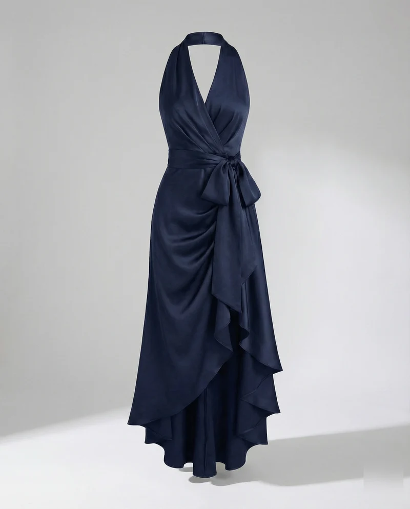 Damen Schimmernde Wickel-Taille Satin-Halter-Maxikleid