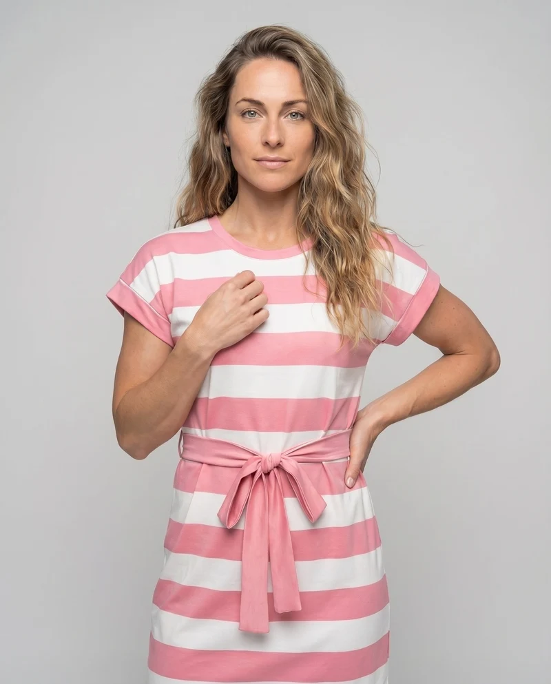 Damen Midikleid Taillenschleife Kastige Kurzärmel Rundhals