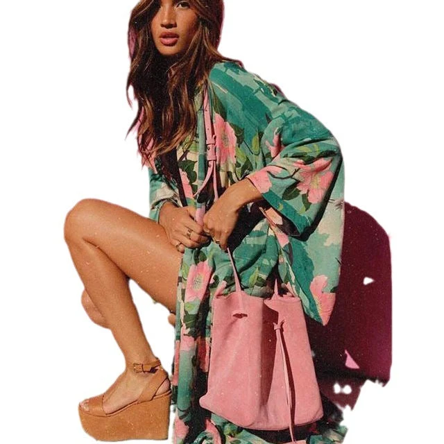 Damen eleganter Kimono mit floralem Design und weitem Schnitt Nord Taschen