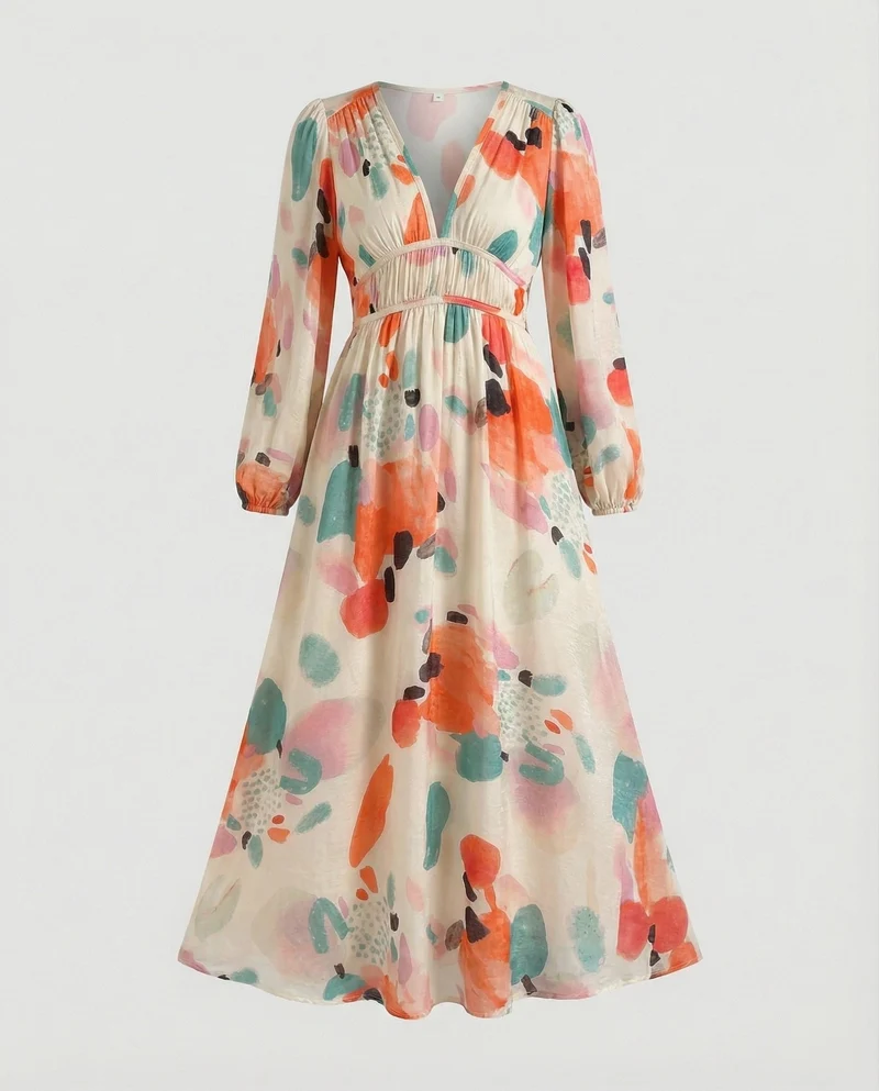 Damen Midikleid V-Ausschnitt Print