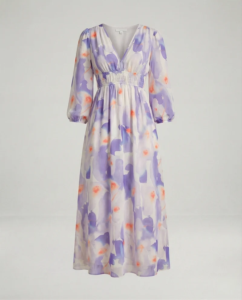 Damen Midikleid V-Ausschnitt Print