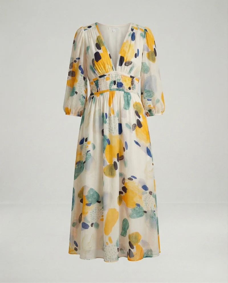 Damen Midikleid V-Ausschnitt Print