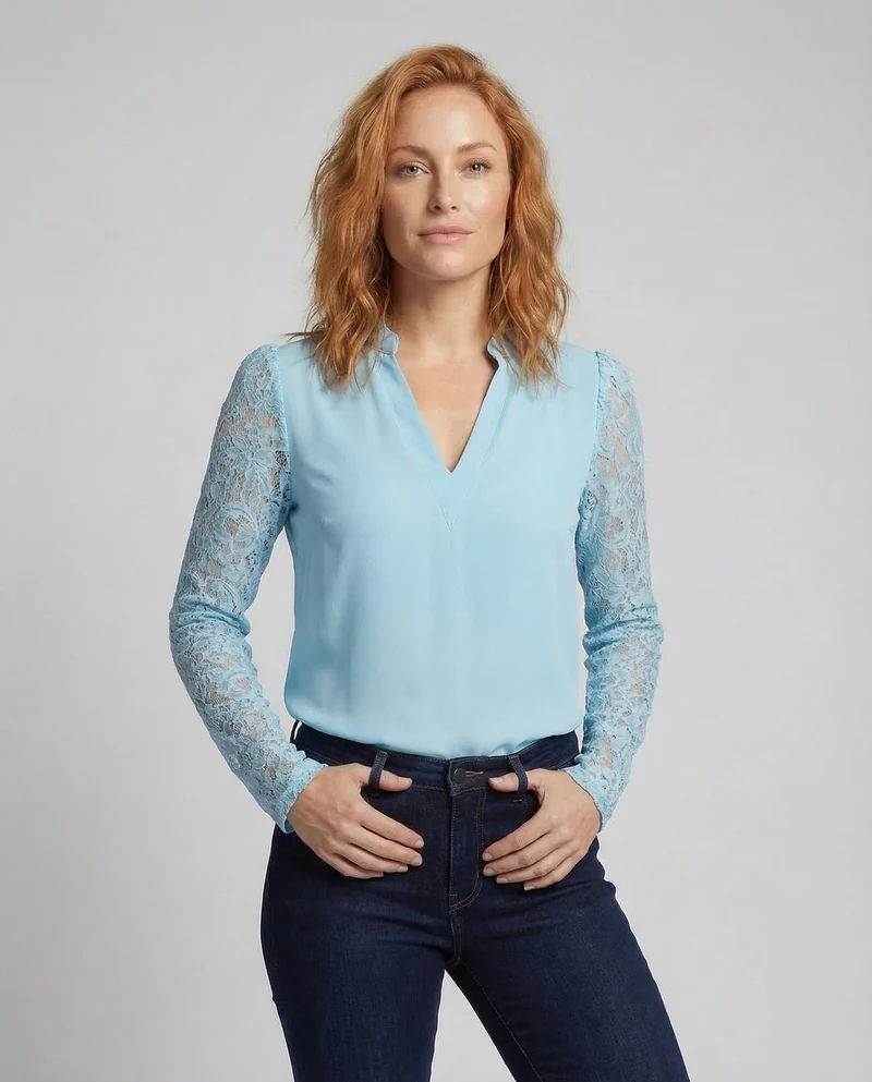 Damen V Ausschnitt Bluse Spitzenärmel