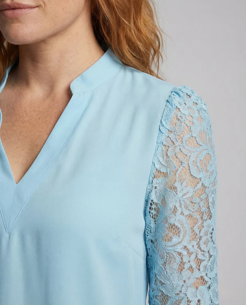 Damen V Ausschnitt Bluse Spitzenärmel