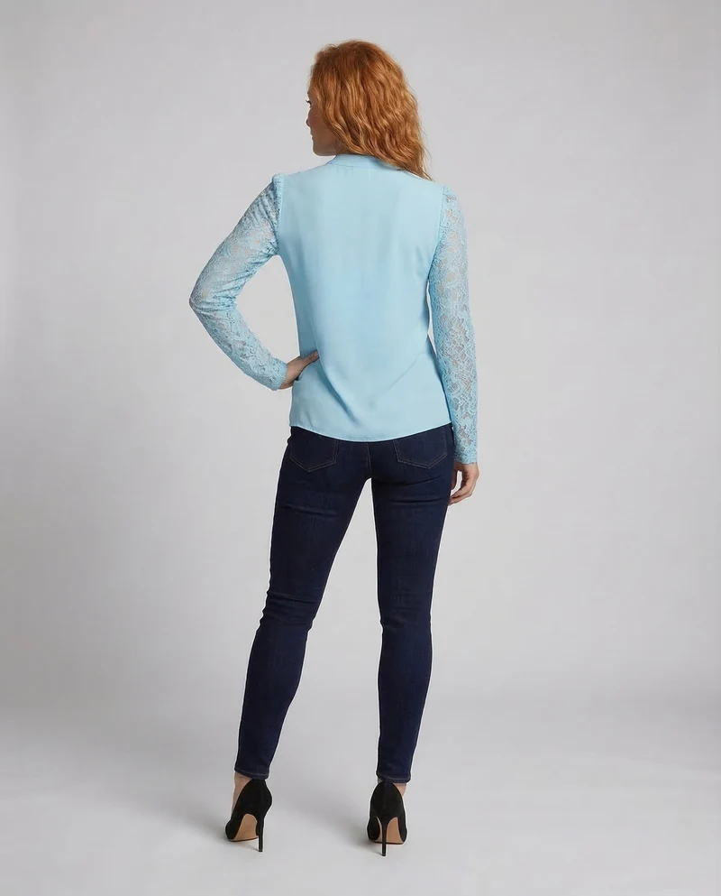 Damen V Ausschnitt Bluse Spitzenärmel