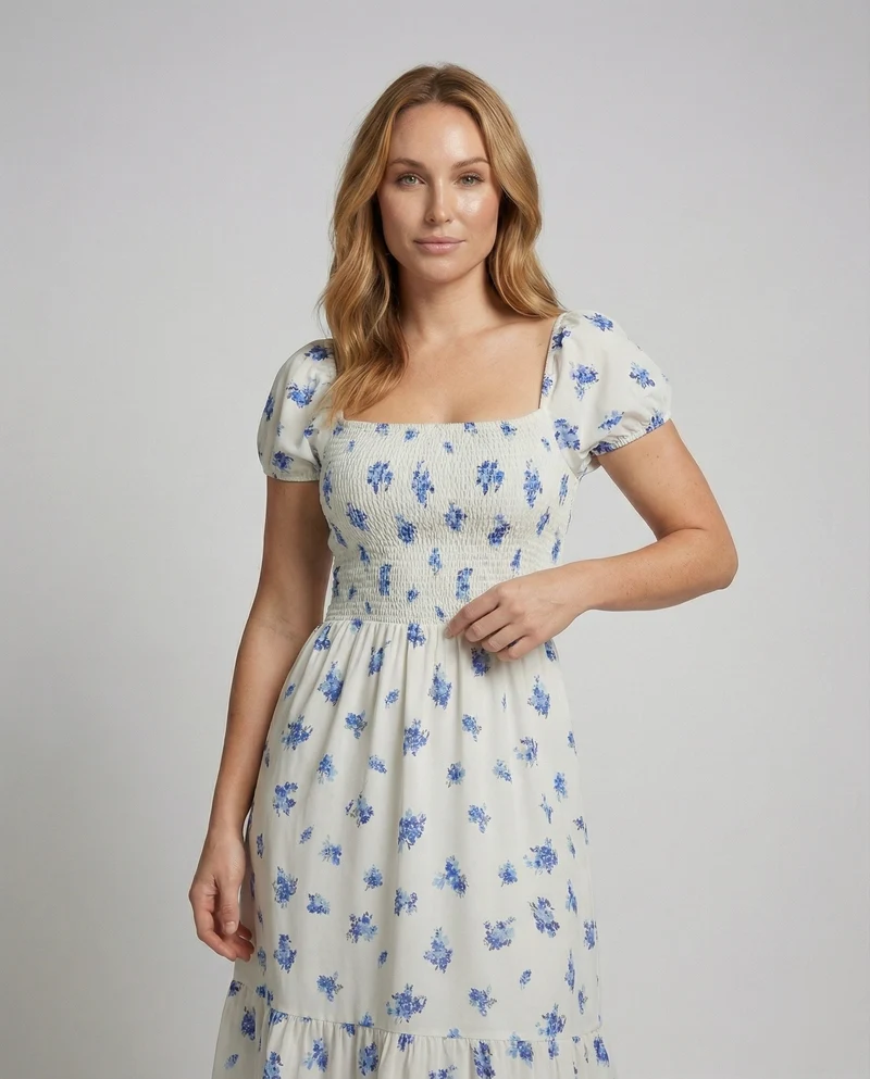 Damen Gesmoktes Puffärmel Midikleid