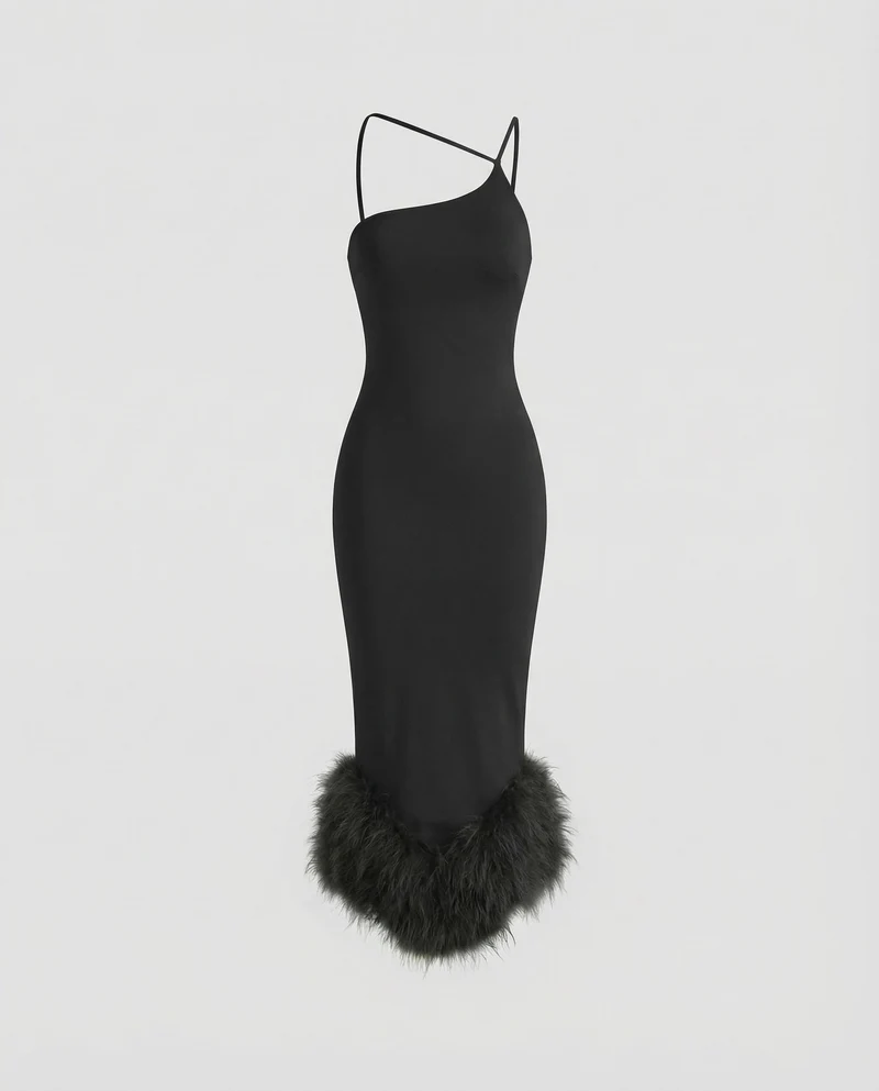 Damen Midikleid Federbesatz Asymmetrische Träger