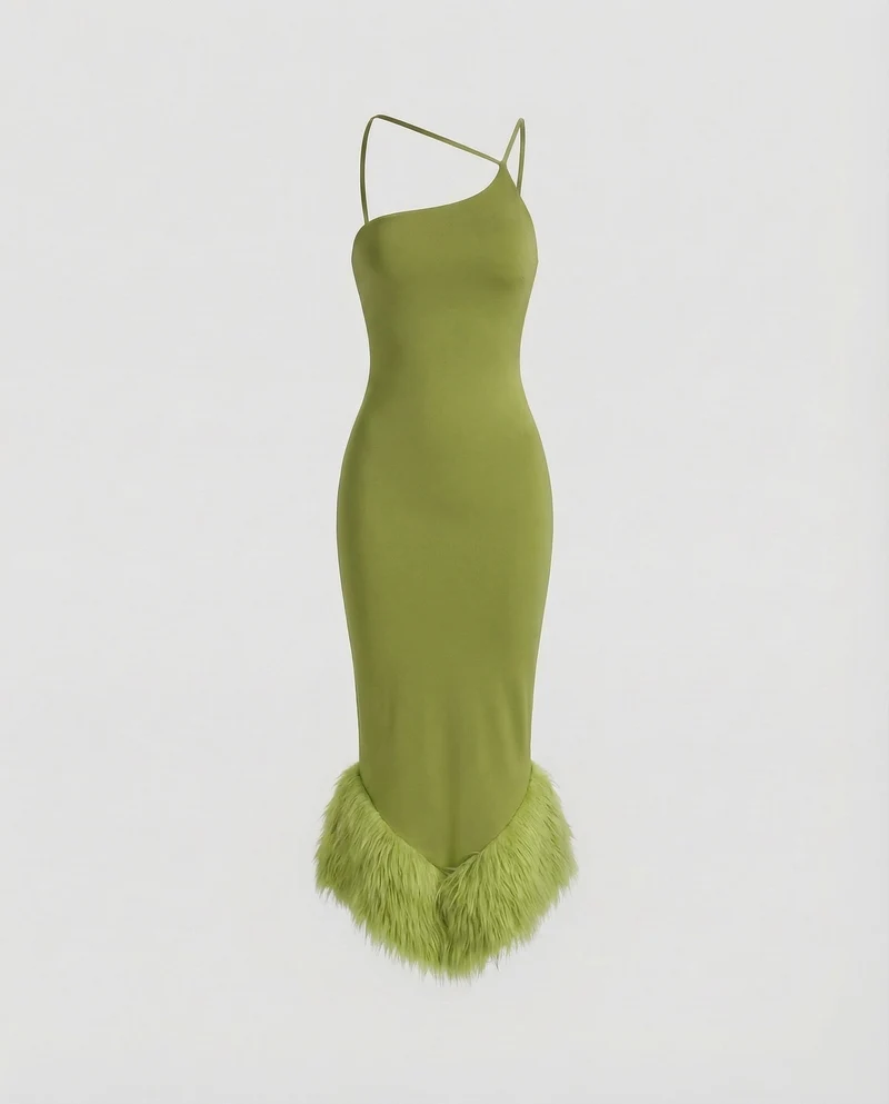 Damen Midikleid Federbesatz Asymmetrische Träger