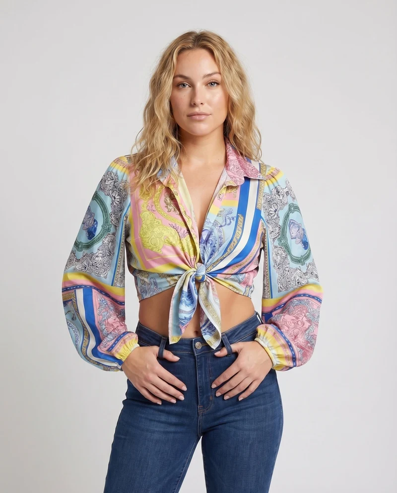 Damen cropped Knopfhimmel-Bluse mit übergroßen Ärmeln und modischem Knoten