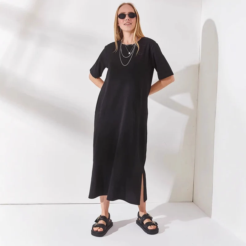 Damen schlichtes langärmliges Kleid mit seitlichen Schlitzen und komfortablem Schnitt Nord Taschen