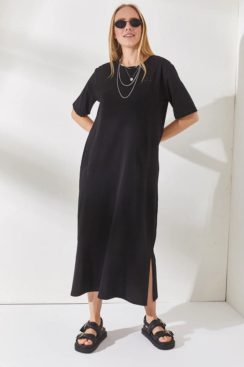 Damen schlichtes langärmliges Kleid mit seitlichen Schlitzen und komfortablem Schnitt Nord Taschen