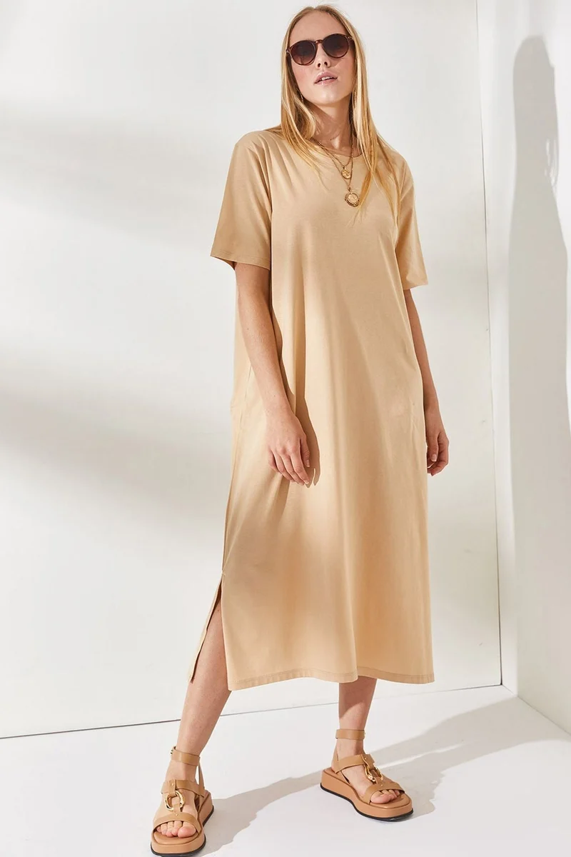 Damen schlichtes langärmliges Kleid mit seitlichen Schlitzen und komfortablem Schnitt Nord Taschen