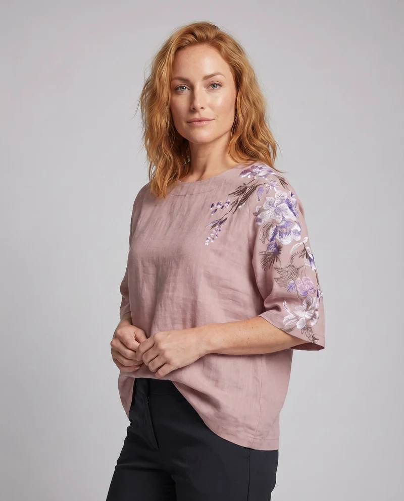 Damen Leinenbluse Florale Schulterstickerei Halblange Ärmel