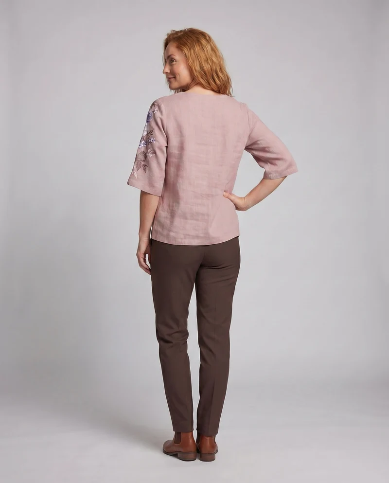 Damen Leinenbluse Florale Schulterstickerei Halblange Ärmel