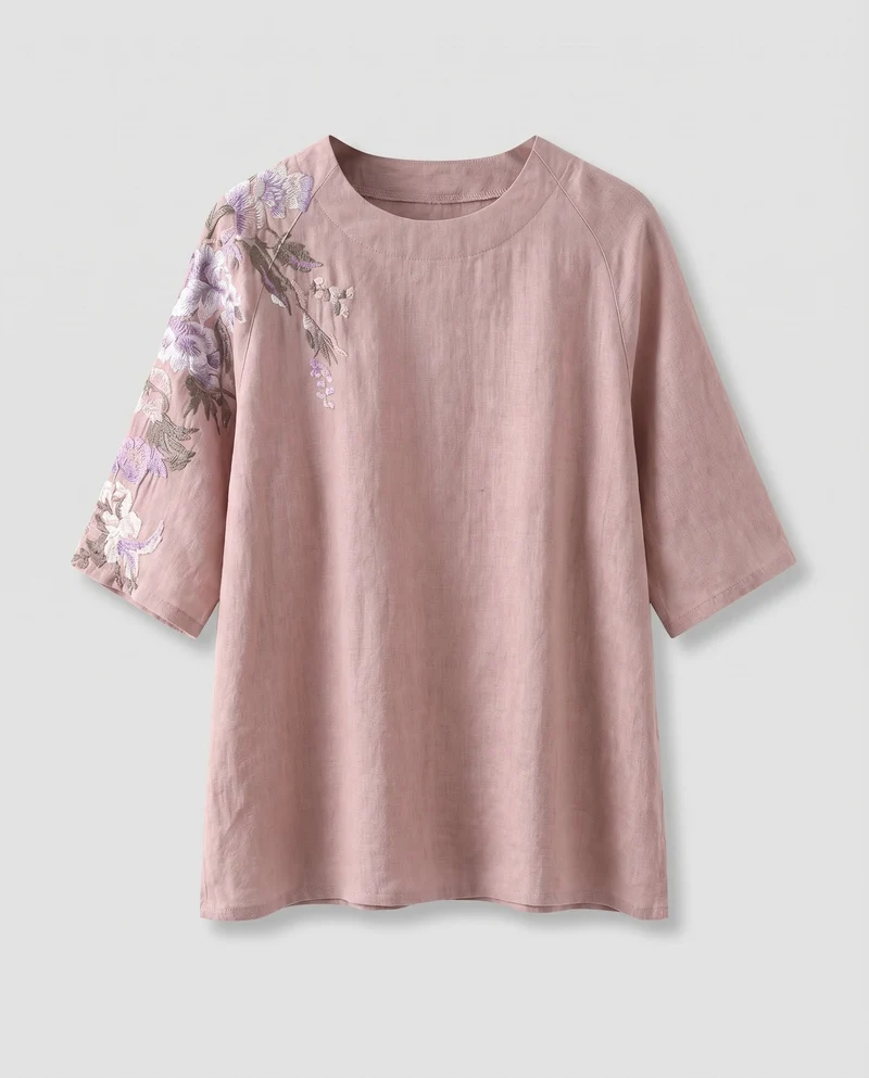 Damen Leinenbluse Florale Schulterstickerei Halblange Ärmel