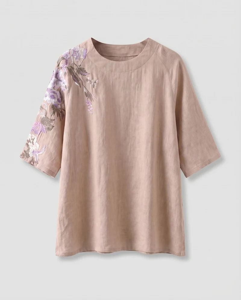 Damen Leinenbluse Florale Schulterstickerei Halblange Ärmel