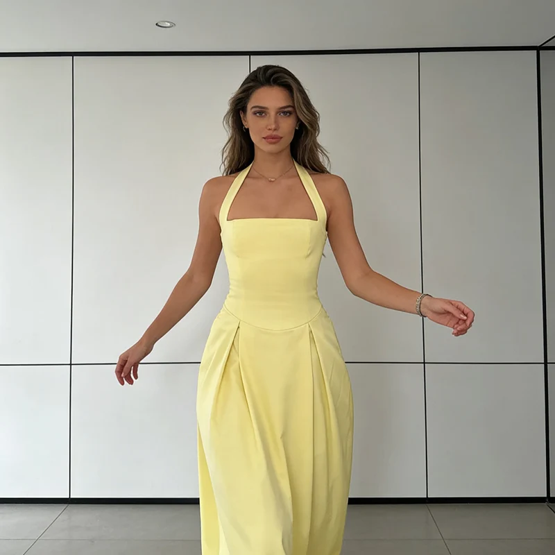 Damen Elegantes Midikleid mit tiefem V-Ausschnitt und stilvollem Faltenrock