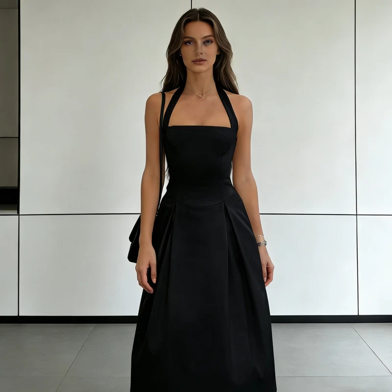 Damen Elegantes Midikleid mit tiefem V-Ausschnitt und stilvollem Faltenrock