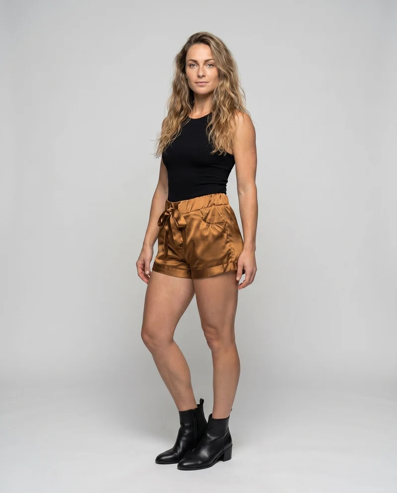 Damen elegante Satin-Shorts mit seitlichen Taschen und Bindegürtel
