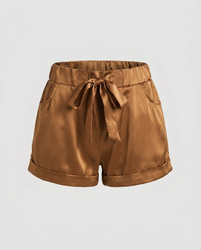 Damen elegante Satin-Shorts mit seitlichen Taschen und Bindegürtel