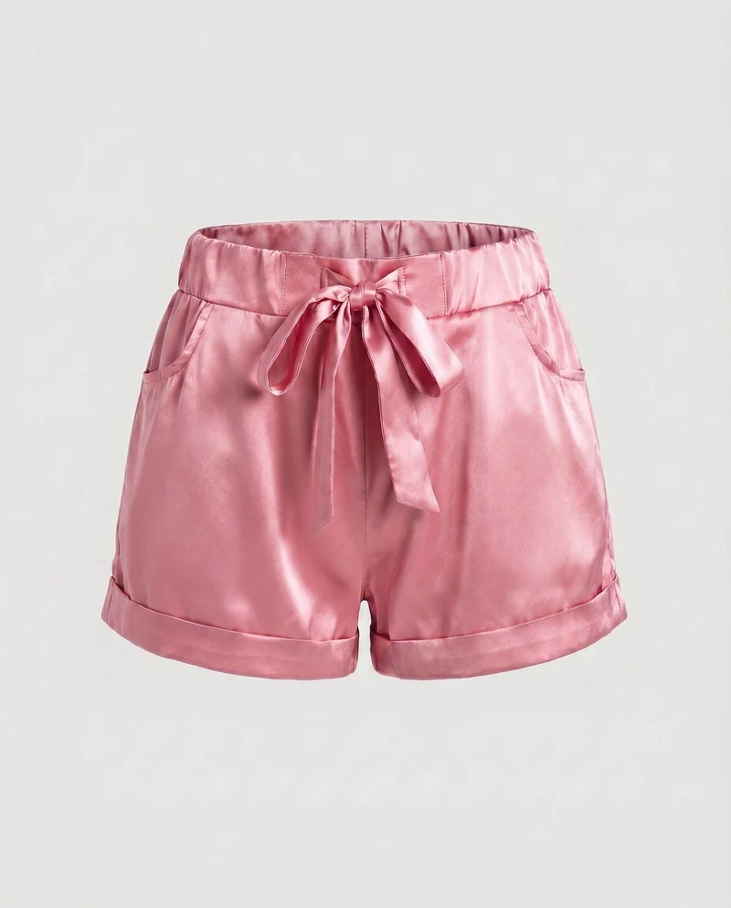 Damen elegante Satin-Shorts mit seitlichen Taschen und Bindegürtel