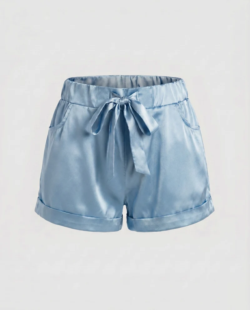 Damen elegante Satin-Shorts mit seitlichen Taschen und Bindegürtel