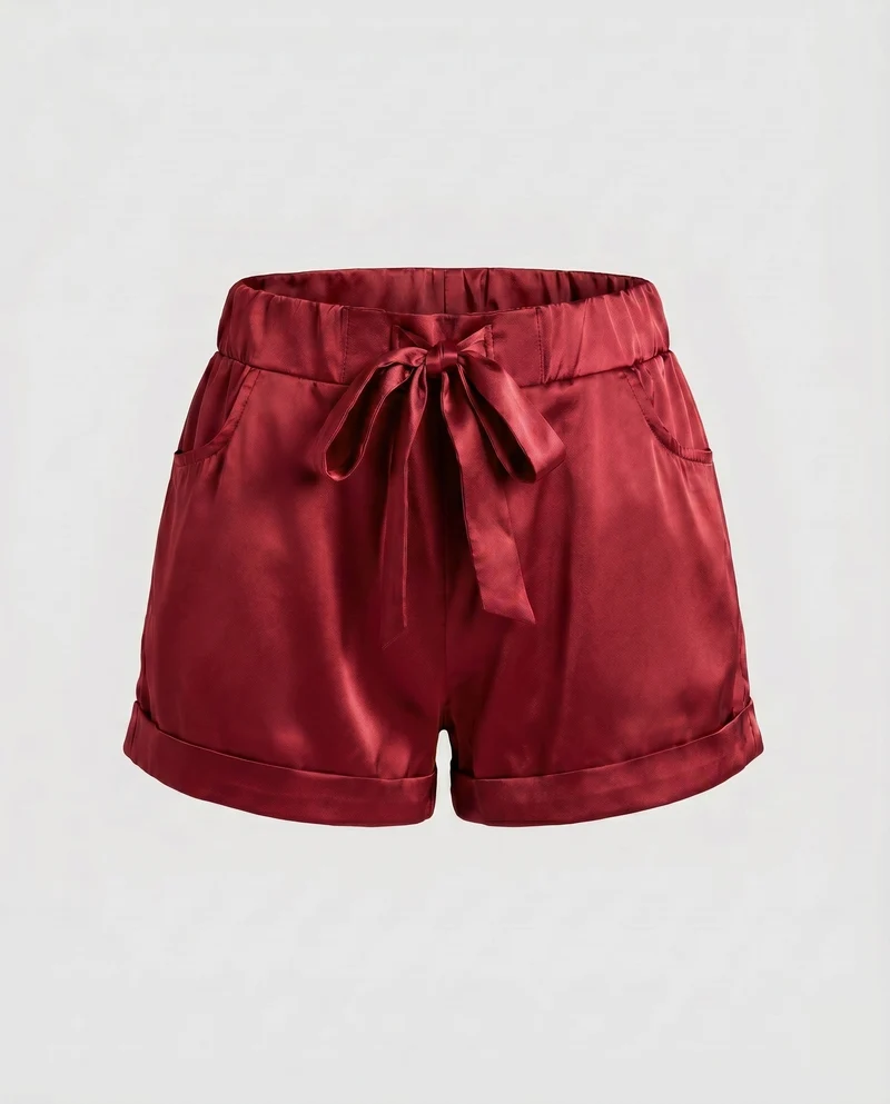 Damen elegante Satin-Shorts mit seitlichen Taschen und Bindegürtel