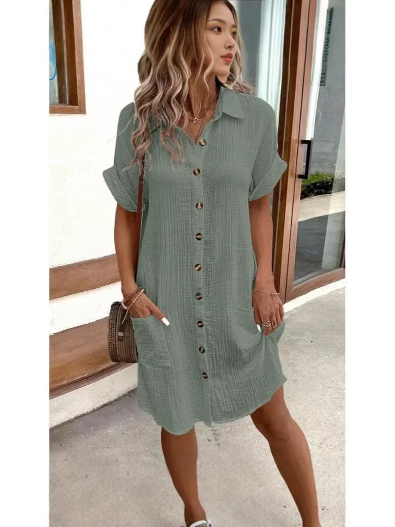 Damen lässiges Hemdblusenkleid mit Knopfdetails und Taschen