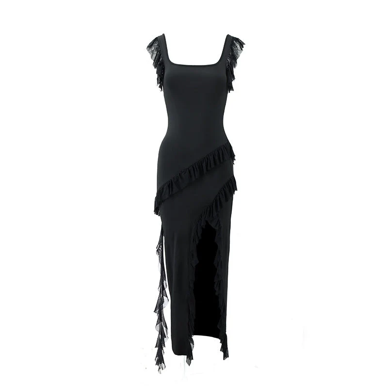 Damen Maxikleid mit originellem Rüschendetail und eleganter Taillierung