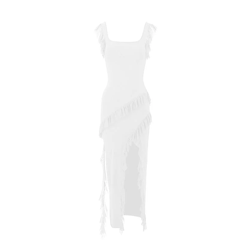 Damen Maxikleid mit originellem Rüschendetail und eleganter Taillierung