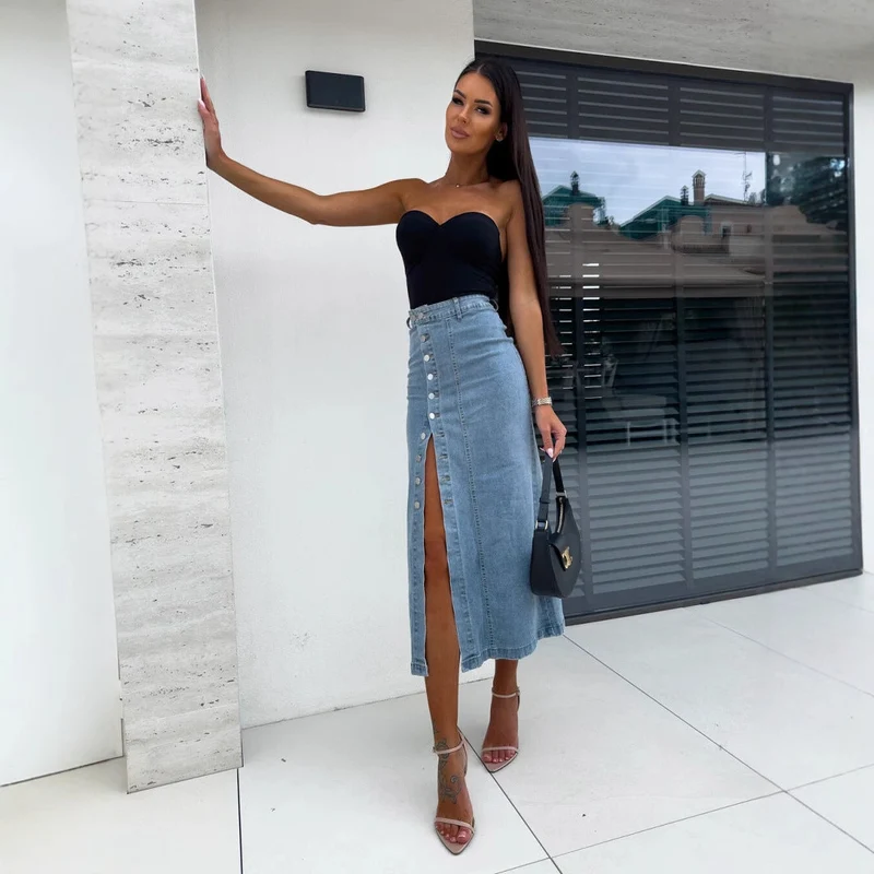 Damen Midi-Rock mit seitlichem Schlitz und Knopfdetail