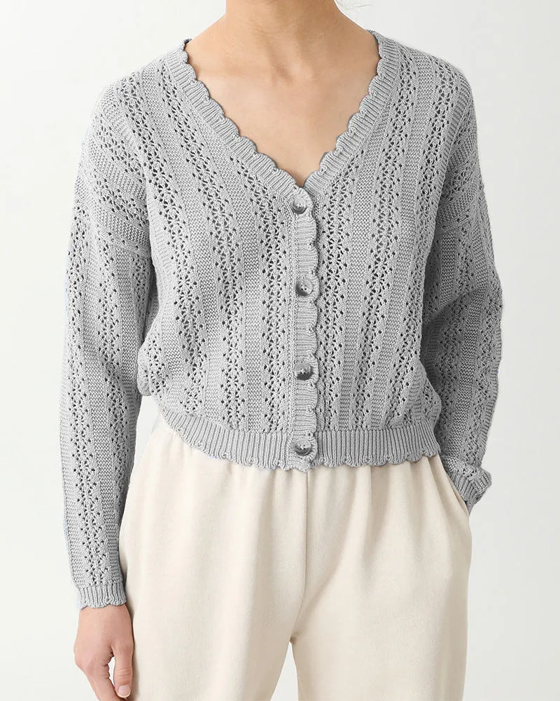 Damen Strickjacke mit filigranem Lochmuster und Wellenabschlüssen