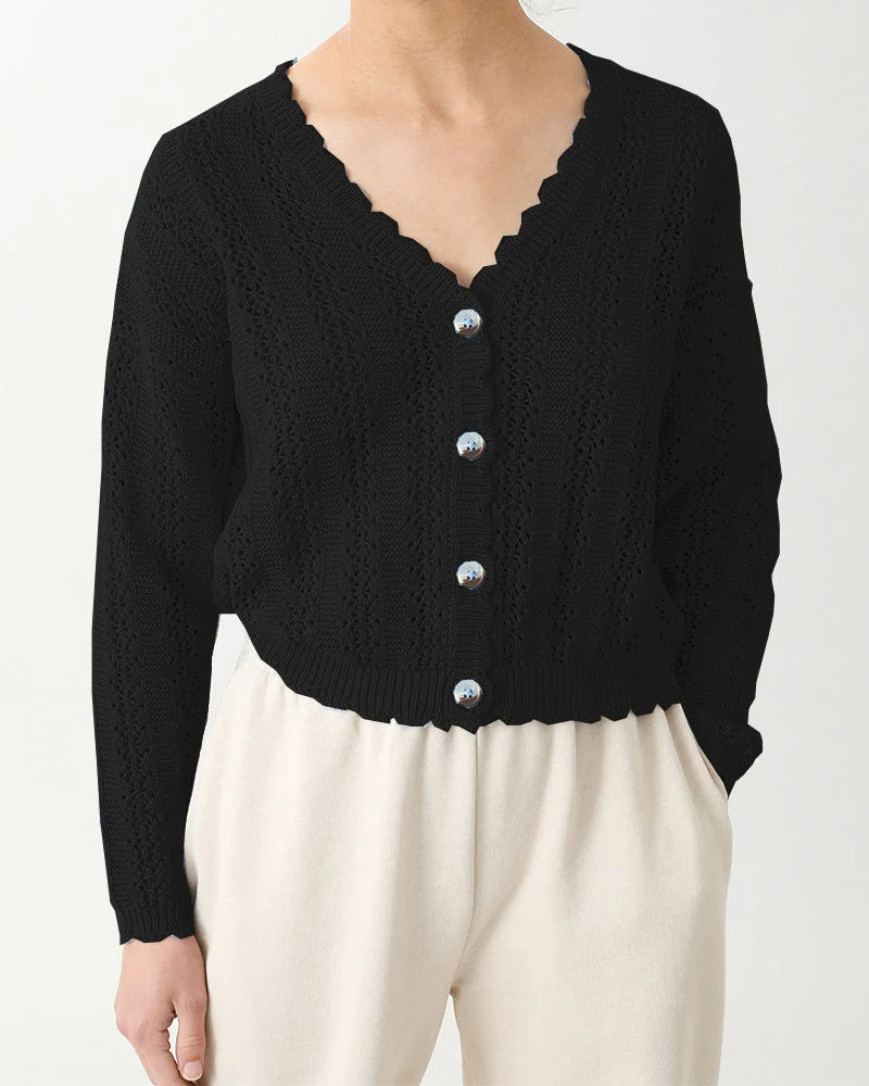 Damen Strickjacke mit filigranem Lochmuster und Wellenabschlüssen