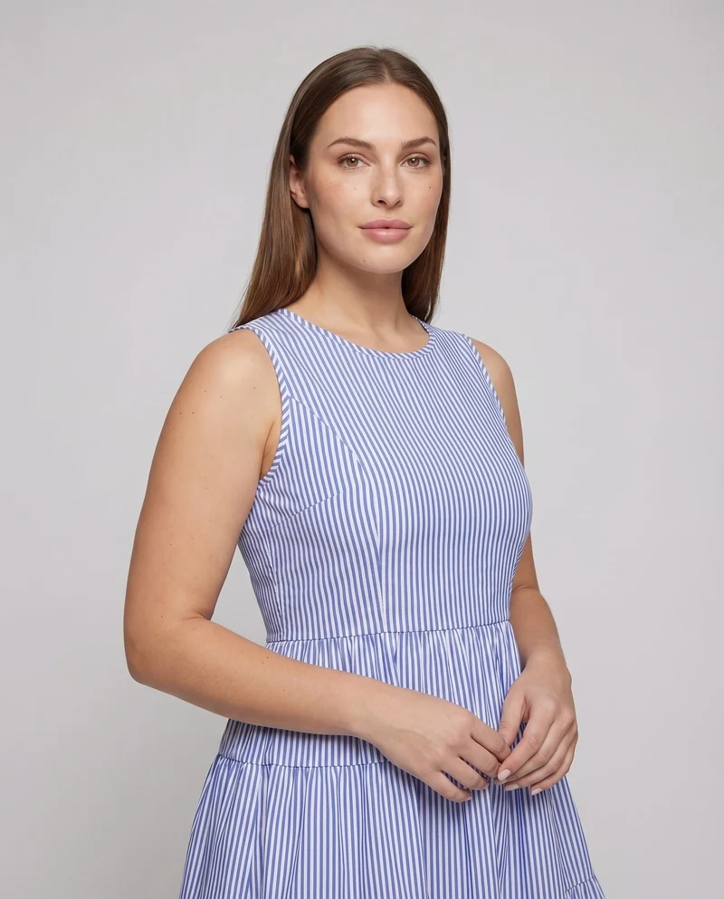 Damen Stufenkleid Ausgestellter Rock Rundhals Tailliert