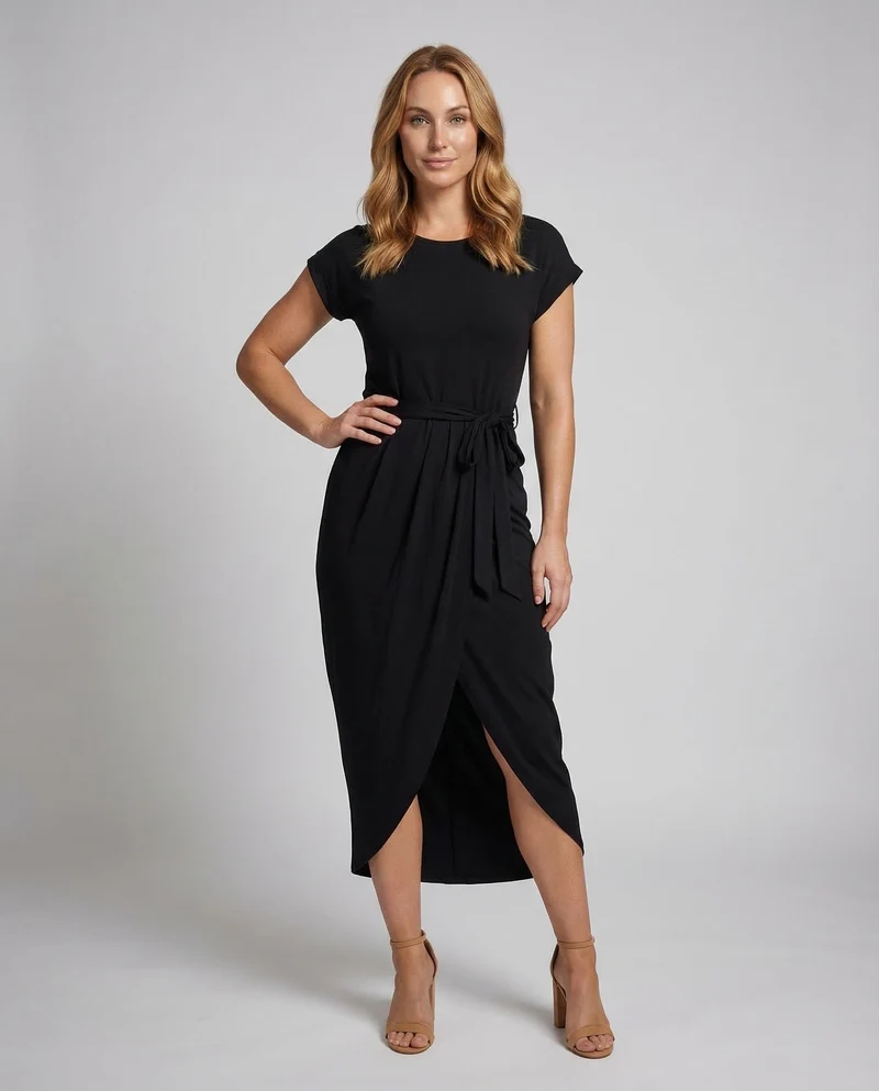 Damen Jersey-Midikleid Tulpenrock Bindegürtel