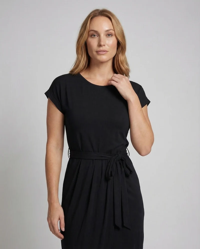 Damen Jersey-Midikleid Tulpenrock Bindegürtel