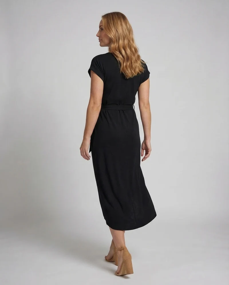 Damen Jersey-Midikleid Tulpenrock Bindegürtel