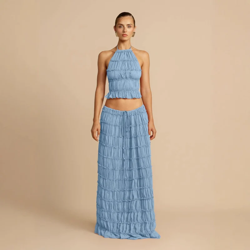 Damen Elegantes und verspieltes Zweiteiliges Sommerkleid mit gerafftem Oberteil und fließendem Rock