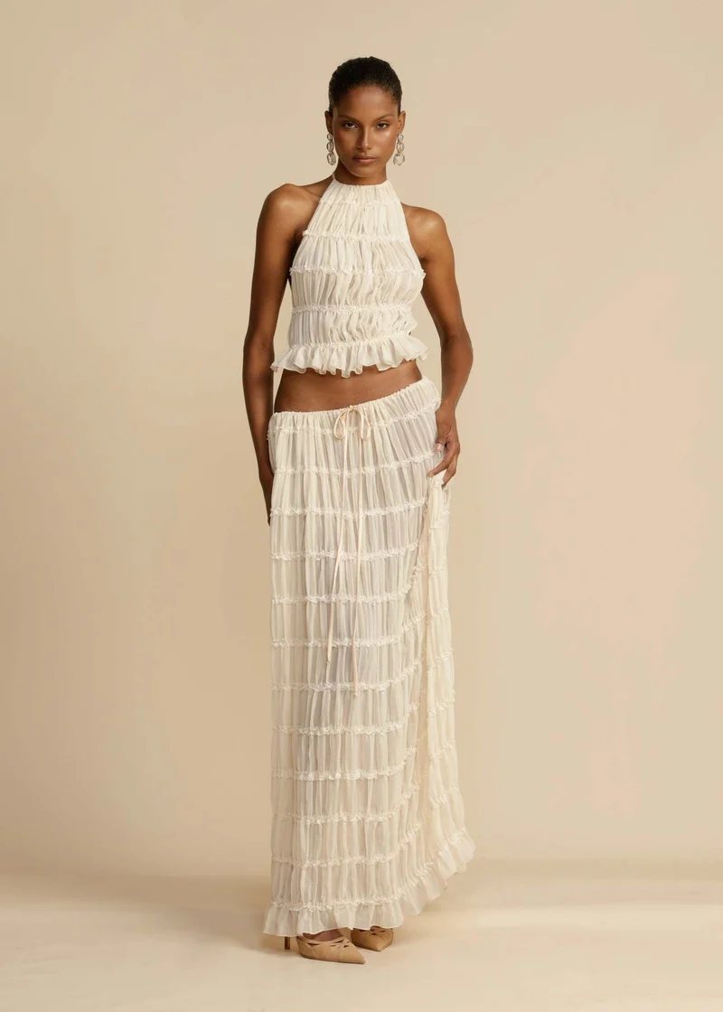 Damen Elegantes und verspieltes Zweiteiliges Sommerkleid mit gerafftem Oberteil und fließendem Rock
