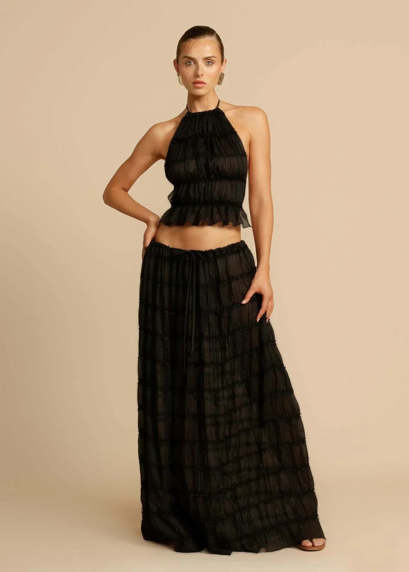 Damen Elegantes und verspieltes Zweiteiliges Sommerkleid mit gerafftem Oberteil und fließendem Rock