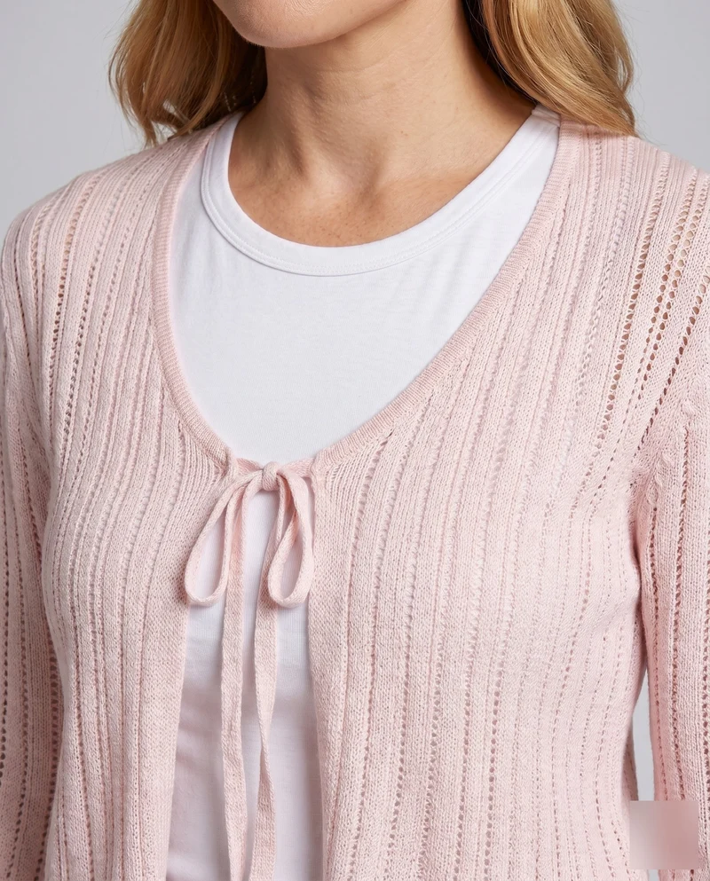 Damen Zarte Strickjacke mit Lochmuster und Rüschendetails